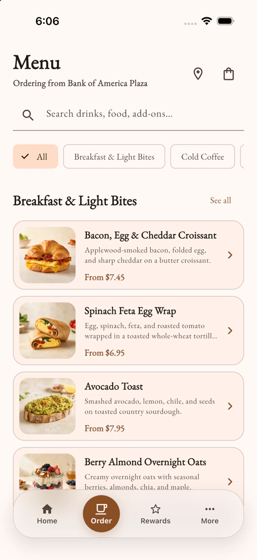 Sphere customer app ordering menu