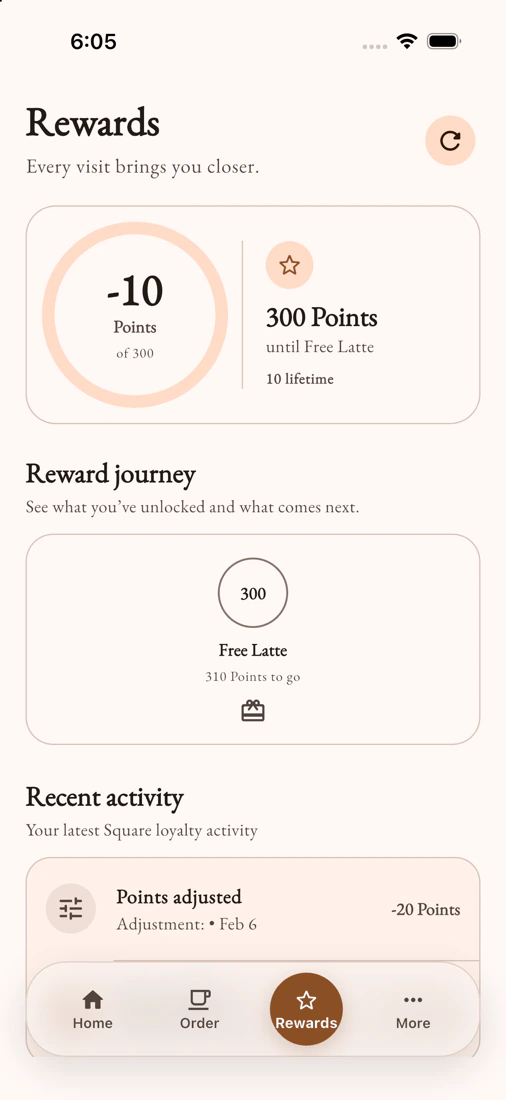 Sphere customer rewards and account history screen